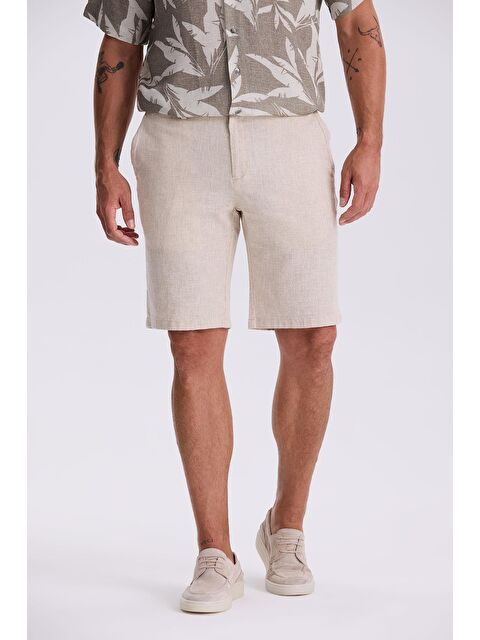 JAKAMEN Bej Comfort Fit Pamuklu Rahat Kesim Keten Dokulu Şort - S000496012-19928