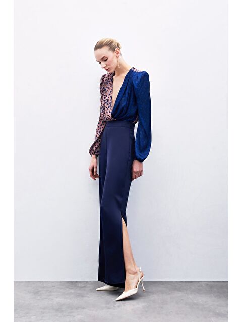 SATEEN Yırtmaç Detaylı Saten Pantolon - Lacivert - S000323716-21164
