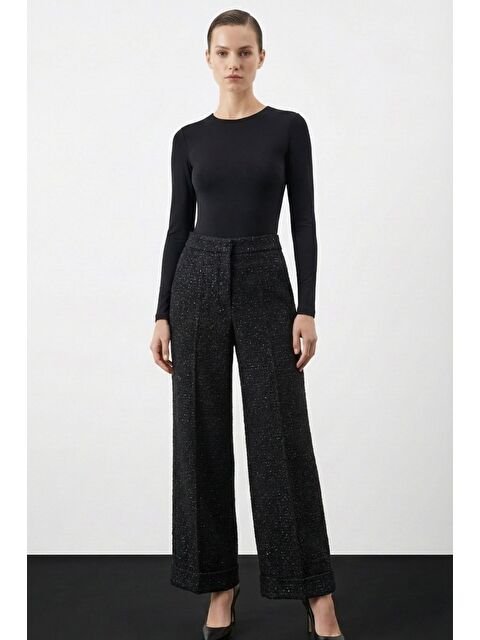 Mizalle Geniş Double Paça Simli Siyah Tüvit Pantolon - S000511191-19351