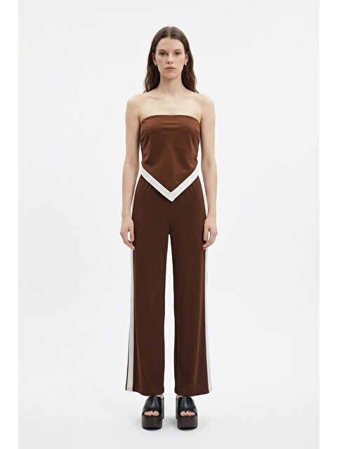 QUZU Kontrast Yan Şeritli Bol Paça Pantolon Kahverengi - S000498040-19413