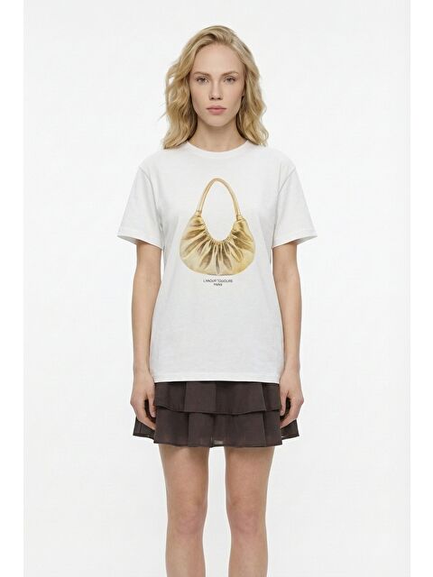 QUZU Çanta Baskılı Bisiklet Yaka Tişört Ekru - S000498042-19965