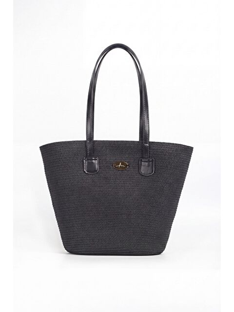 Haşema Deri Saplı Fermuarlı Siyah Renk Hasır Plaj Çantası 3120