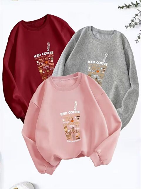 Trendseninle 3lü Set ICED COFFEE Baskılı Bordo Gri Pembe Bisiklet Yaka Sweatshirt - S000482413-27204