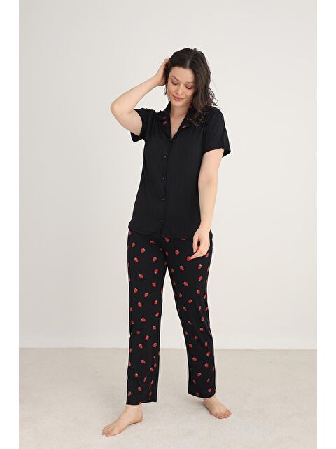 Kompedan Kadın Marlenka Önden Düğmeli Pijama Takım | Siyah 80602-889 - S000389435-19351