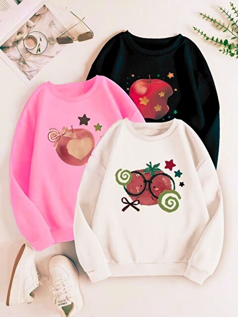 Trendseninle 3lü Set APPLES Baskılı Siyah Pembe Beyaz Bisiklet Yaka Sweatshirt - S000482413-3545
