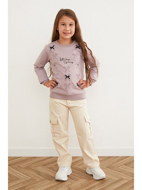 Fullamoda Kurdele Baskılı Bisiklet Yaka Kız Çocuk Sweatshirt - S000434732-17878