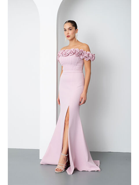 Lafaba Kadın Pudra Çiçek Detay Yırtmaçlı Uzun Abiye Elbise - S000439087-7152