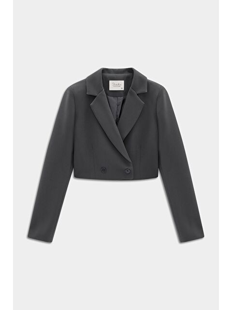 Saade Antrasit Kadın Regular Fit Kruvaze Kapama Dokuma Crop Blazer Ceket -Şık & Spor - S000497490-29666