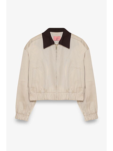 QUZU Kontrast Yaka Fermuarlı Bomber Ceket Bej - S000498045-19928