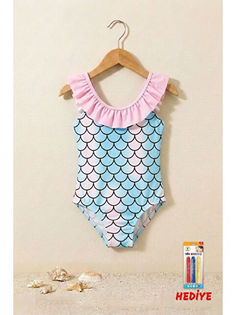 ZUZUNGA Deniz Kızı Desenli Fırfırlı Kız Çocuk Mayo