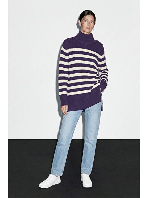 Mizalle Pamuk Karışımlı Mor Çizgili Oversize Kazak - S000511192-20042