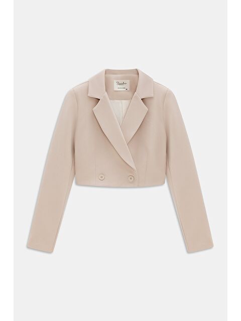 Saade Bej Kadın Regular Fit Kruvaze Kapama Dokuma Crop Blazer Ceket -Şık & Spor - S000497490-19928