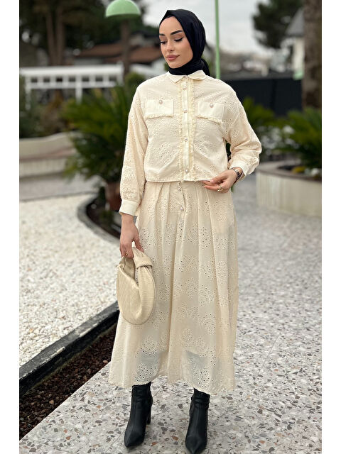 Julude Kadın Püskül Detaylı İnci Düğmeli Fistolu Tesettür Gömlek Etek İkili Takım - S000361239-19928