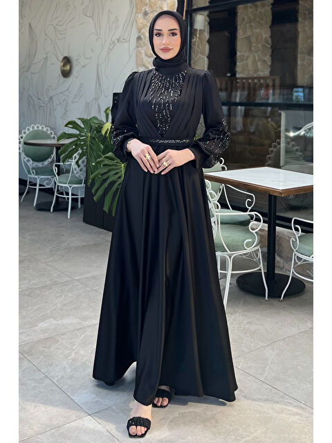 Julude Ön Detaylı Taş İşlemeli Kiloş Saten Tesettür Abiye - S000361244-19351