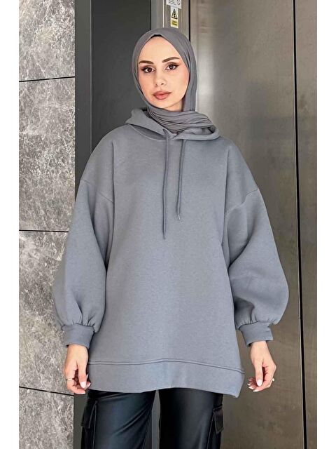 Lamelif Üç İplik Balon Kol Sweatshirt Füme - S000518004-33408