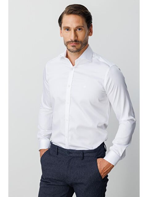 igs Beyaz Slim Fit Dar Kalıp Klasik Yaka Düz Uzun Kollu Cepsiz %100 Pamuk Gömlek - S000490146-20063