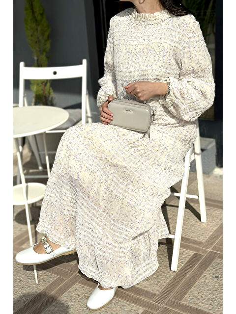 Remsa Büzgü Detaylı Desenli Elbise 762 Mor