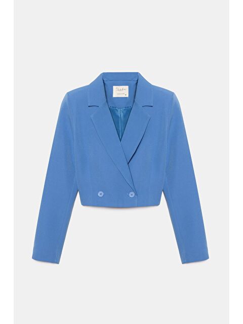 Saade İndigo Kadın Regular Fit Kruvaze Kapama Dokuma Crop Blazer Ceket -Şık & Spor - S000497490-23093