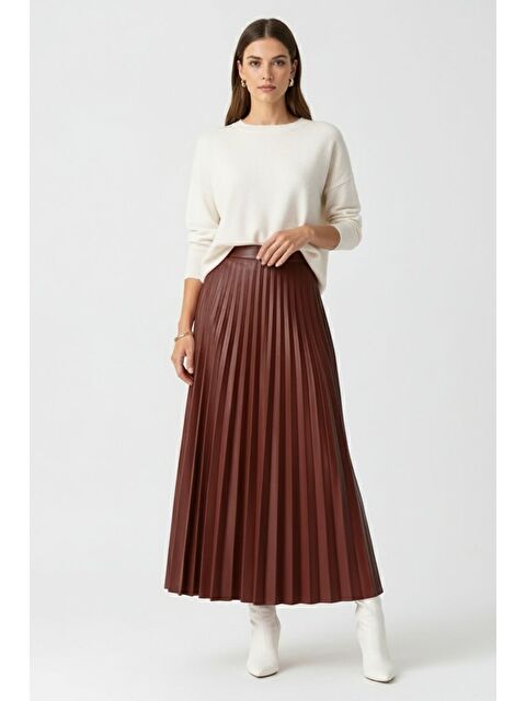 Mizalle Deri Görünümlü Piliseli Bordo Maksi Etek - S000475099-19951