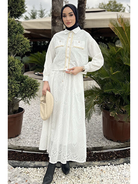 Julude Kadın Püskül Detaylı İnci Düğmeli Fistolu Tesettür Gömlek Etek İkili Takım - S000361239-19966