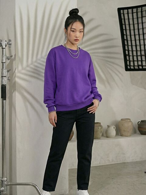 Trendseninle Kadın Mor Düz Oversize Bisiklet Yaka Sweatshirt - S000527457-20042