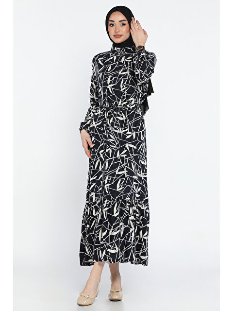 Julude Desenli Bel Bağlamalı Tesettür Viskon Elbise - S000361246-21164