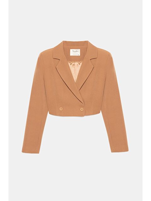 Saade Kamel Kadın Regular Fit Kruvaze Kapama Dokuma Crop Blazer Ceket -Şık & Spor - S000497490-4557