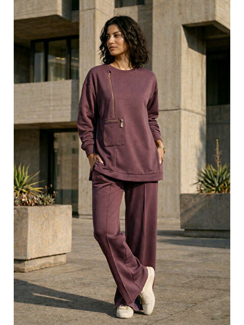 Nuss Fermuar ve Nervür Detay Tunik Pantolon Takım 1077 Mürdüm - S000527439-20036