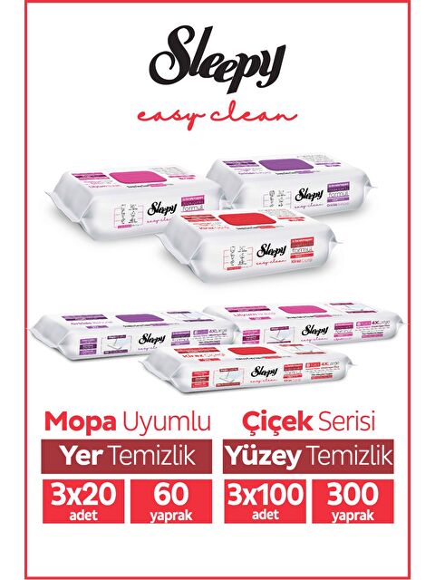Sleepy Easy Clean Çiçek Serisi 3x100 Yüzey & 3x20 Yer Temizlik Havlusu&Mendili Karma Paket - S000384550-10231