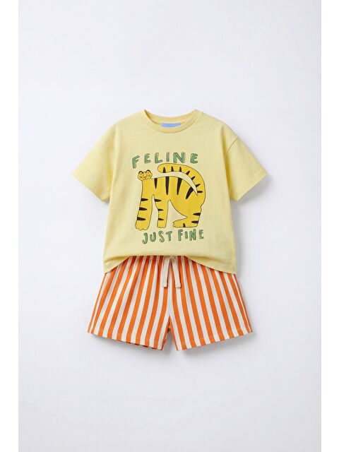 Magu Unisex Çocuk Pamuklu Sarı Kaplan Baskılı Tişört Şort Takım