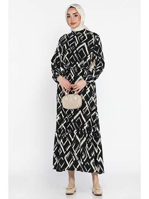 Julude Desenli Bel Kuşaklı Tesettür Viskon Elbise - S000361242-5476