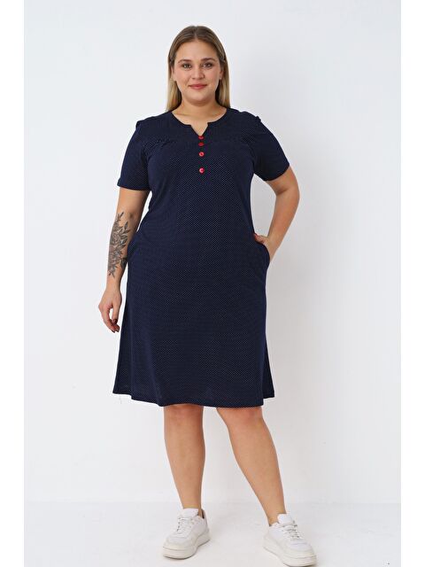 Intensive Lacivert Puantiyeli Kısa Kollu Cepli Düğmeli V Yaka Pamuklu Kadın Büyük Beden Elbise - S000527460-21164