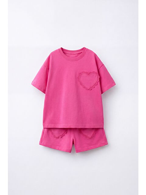 Magu Kız Çocuk Pamuklu Pembe Kalp Cepli T-Shirt Şort Takım