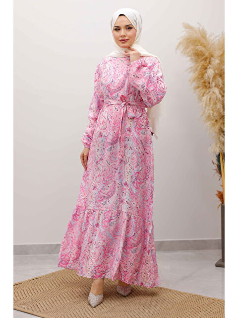 Tesettür Dünyası Şal Desen Kuşaklı Elbise TSD260107 Pembe - S000527461-20024