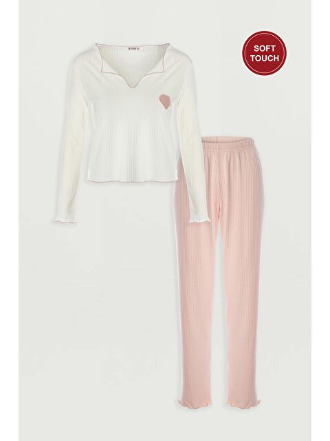 Koza İç Giyim Kadın Soft Touch Fitilli Kalp Detaylı Uzun Kollu Pijama Takımı - S000449086-5404