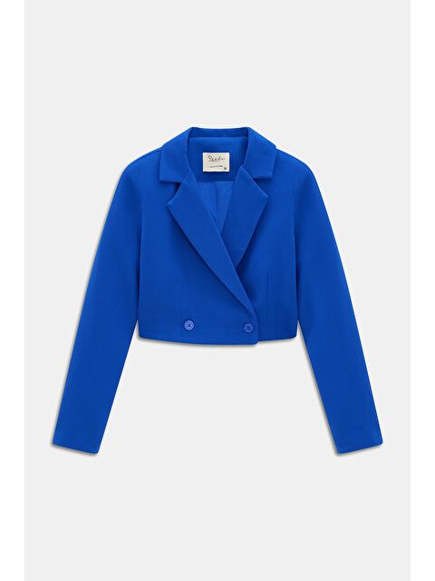 Saade Saks Mavi Kadın Regular Fit Kruvaze Kapama Dokuma Crop Blazer Ceket -Şık & Spor - S000497490-23710