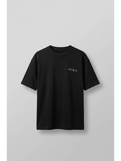 Abluka Online Erkek Oversize Örme Kumaş Nakış Detaylı Basic T-Shirt Siyah