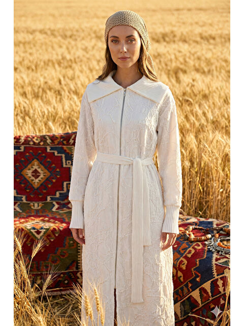 Nuss Önü Fermuarlı Triko Kol Detay Kuşaklı Kap Ceket 6047 Ekru