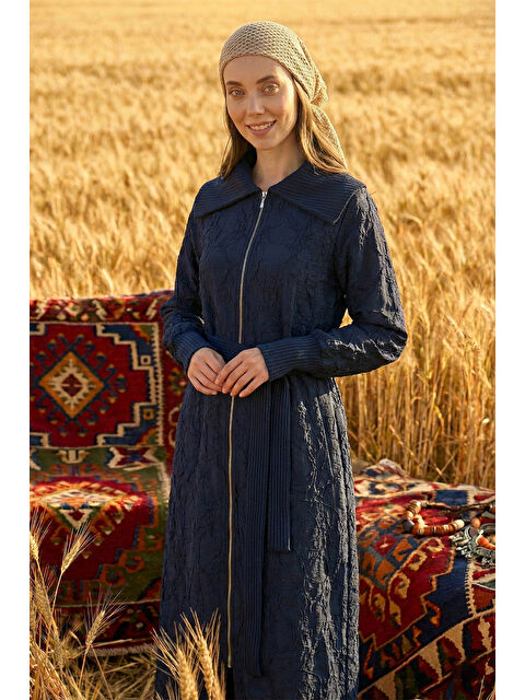 Nuss Önü Fermuarlı Triko Kol Detay Kuşaklı Kap Ceket 6047 Lacivert