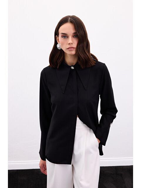 SATEEN Yaka Ve Manşet Aksesuarlı Gömlek - Siyah - S000499961-19351