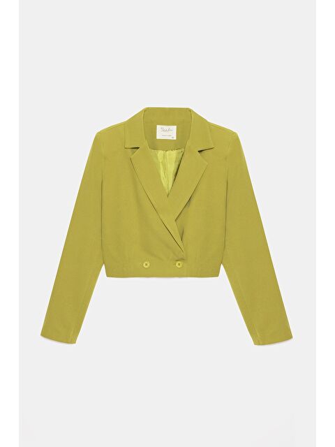 Saade Yağ Yeşili Kadın Regular Fit Kruvaze Kapama Dokuma Crop Blazer Ceket -Şık & Spor - S000497490-16580