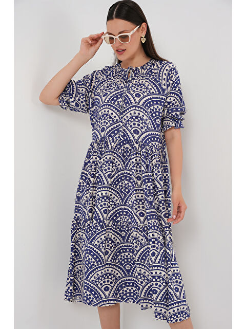 Bigdart Kadın Kısa Kol Desenli Elbise 2553 - İndigo - S000389336-23093