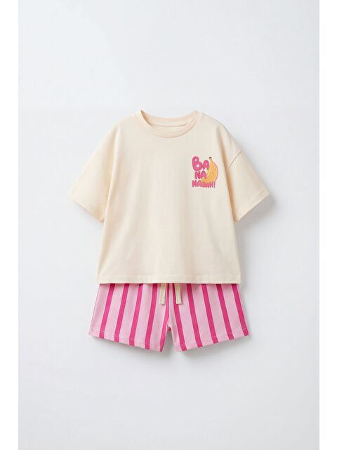 Magu Kız Çocuk Pamuklu Ekru Muz Baskılı Tişört Şort Takım - Pembe Çizgili