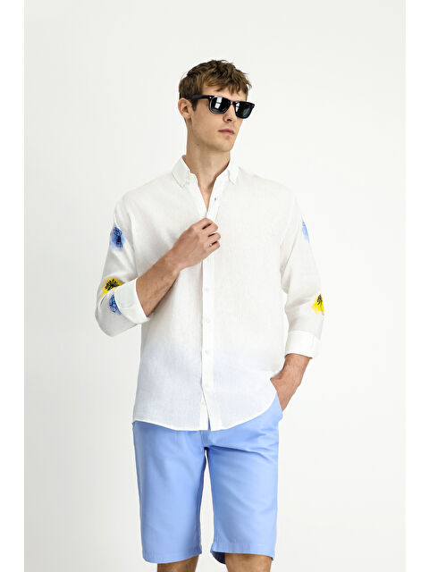 Kiğılı Uzun Kol Regular Fit Desenli Keten Gömlek