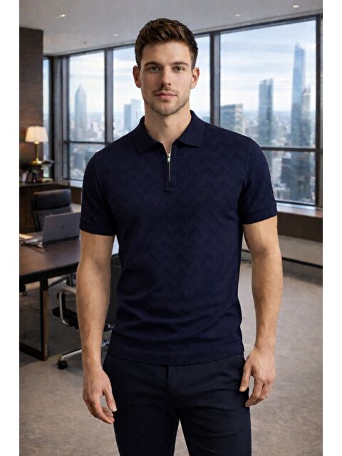 Tarz Cool Erkek Slim Fit Fermuarlı Polo Yaka Triko Tişört