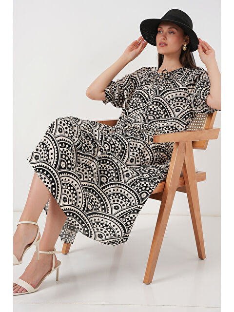 Bigdart Kadın Kısa Kol Desenli Elbise 2553 - Siyah - S000389336-19351