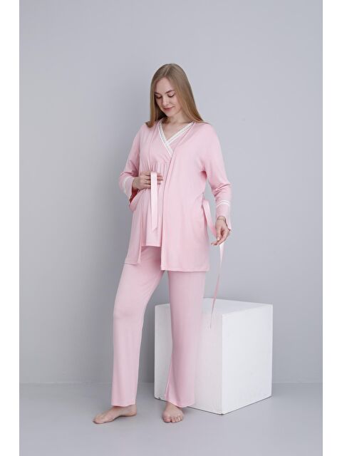 MİSS DÜNYA LİSSA Pudra Dantel Şeritli V Yaka Sabahlıklı Hamile ve Lohusa Pijama Takımı - S000380278-7152