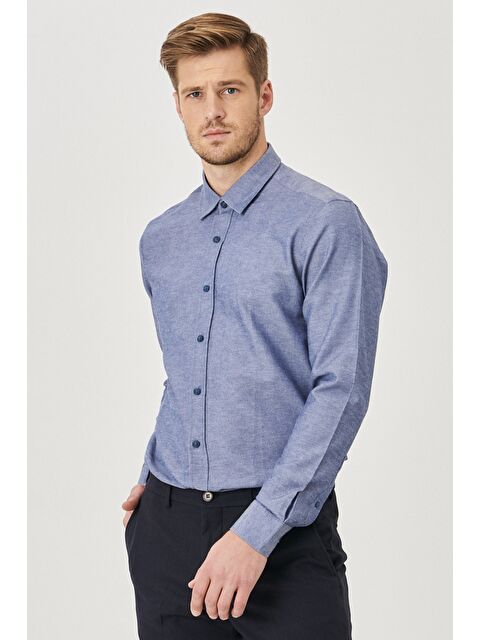 AC&Co / Altınyıldız Classics Erkek Lacivert Slim Fit Dar Kesim Düğmeli Yaka Uzun Kollu Oxford Gömlek