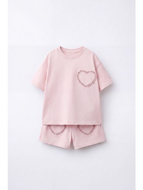 Magu Kız Çocuk Pamuklu Lila Kalp Cepli T-Shirt Şort Takım