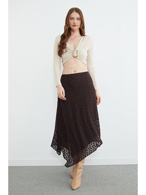 Fullamoda Dantelli Beli Fermuarlı Asimetrik Kesim Etek